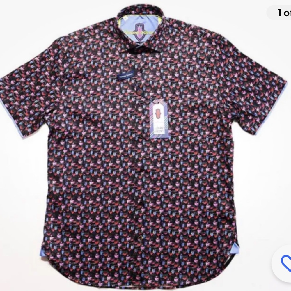 NWT Visconti Black Martini Happy Hour Print Short-Sleeve Woven Shirt Size S